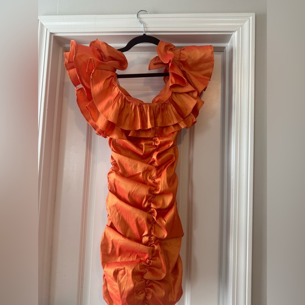 REVOLVE Lovers and Friends Nikolina Ruched Dress in orange size small - Picture 4 of 4